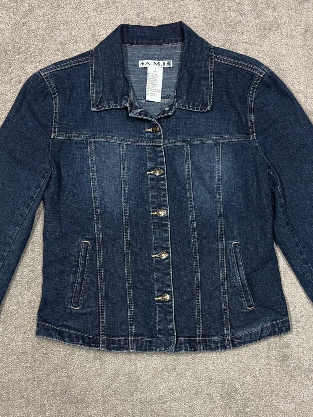 A.M.I. Denim Blue Jean Jacket Button Down Sz S Classic Style, Pristine Condition